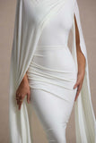 Marysol White Asymmetric Cape Midi Dress