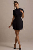 Carabella Black High-Neck Short-Sleeve Mini Dress
