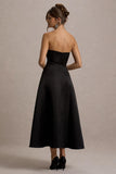 Wintour Black Satin Sweetheart Midi Dress