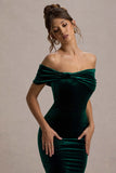 Snowflake Bottle Green Velvet Bardot Bow Detail Midi Dress