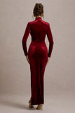Jaz Berry Velvet High-Neck Gathered Split Maxi Dress