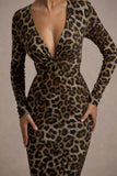 Vernazza Brown Animal Print Deep Plunge Midi Dress