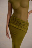 Asia Green Sheer Short-Sleeve Draped Maxi Dress