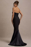 Custom Black Satin Sweetheart Corset Fishtail Maxi Dress