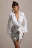 Norah White Chiffon Plunge-Neck Wrap Mini Dress With Sequin Skirt
