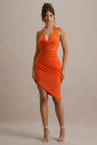 Vivia Orange Plunge-Neck Ruched Mini Dress