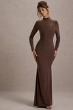 Tova Chocolate High-Neck Long-Sleeve Maxi Dress
