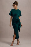 Mika Bottle Green Satin Short-Sleeve Wrap Maxi Dress