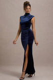 Abilene Navy Velvet High-Neck Split Maxi Dress