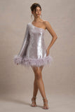 Free Soul Lilac Sequin One-Shoulder Feather Trim Mini Dress