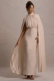 Darielle Champagne High-Neck Cape-Sleeve Maxi Dress