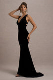 Elisabetta Black Velvet Plunge-Neck Fishtail Maxi Dress