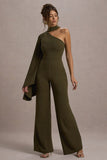 Fenix Khaki Asymmetric Cape-Sleeve Straight-Leg Jumpsuit