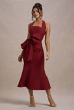 Aman Berry Halter-Neck Midi Dress With Oversized Bow