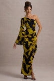 Sevilla Mustard Print Satin Jacquard One Sleeve Ruffled Split Maxi Dress