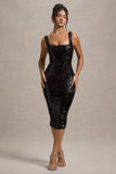 Sweet Spark Black Sequin Square-Neck Midi Dress