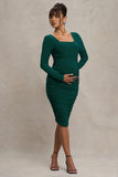 New Life Bottle Green Maternity Square Neck Ruched Midi Dress
