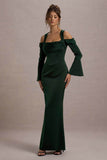 Heartthrob Green Satin Draped Bardot Maxi Dress