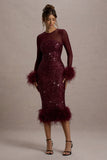 Afterglow Port Sequin Long-Sleeve Midi Dress With Feather Trims