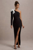 Philomena Black One-Sleeve Split Maxi Dress With White Bow