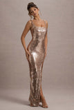 High Life Rose Gold Sequin Square Neck Split Front Maxi Dress