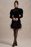 Issa Black Velvet Long-Sleeve Mini Dress With Feather Trim