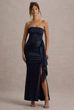 Loz Navy Satin Bandeau Draped Maxi Dress