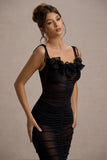 Jesi Black Mesh Ruched Midi Dress With Ruffles