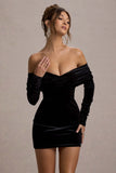 Gilda Black Velvet Bardot Long-Sleeve Mini Dress