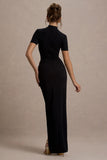 Claudetta Black High-Neck Short-Sleeve Split Maxi Dress