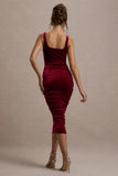 Cora Berry Velvet Square-Neck Bodycon Midi Dress
