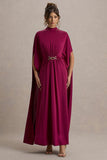 Olessia Burgundy Belted Gathered Cape-Sleeve Maxi Dress