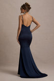 Made With Love Navy Satin Strappy Fishtail Maxi Dress