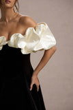 Brynne Black & Cream Velvet Mini Dress With Satin Puff Sleeves