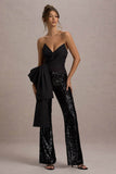 Bianco Black Sequin Strapless Flared-Leg Jumpsuit With Drape