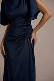 Audley Navy Satin High-Neck Flutter-Sleeve Maxi Dress