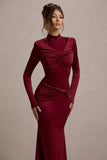 Noya Berry Long-Sleeve Ruched Maxi Dress