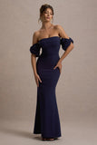Alaine Navy Bardot Maxi Dress With Bow Sleeves