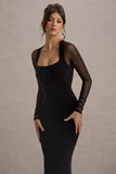 On Track Black Flared-Leg Jumpsuit With Sheer Sleeves