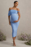 Jen Powder Blue Bardot Twisted Maternity Midi Dress