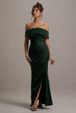 Martine Bottle Green Satin Bardot Wrap Maxi Dress