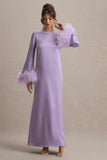 Adella Lilac Satin Feather-Trim Maxi Dress