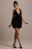 Flirt Black Plunge Front Mini Dress With Feather Skirt