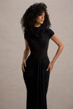 Lorenza Black High-Neck Ruched Maxi Dress With Draped Skirt