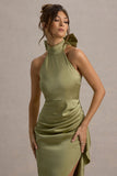 Maureen Light Green Satin High-Neck Draped Maxi Dress