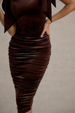 Tarna Brown Velvet Midi Dress With Bow Straps