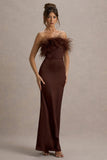 Dress For It Brown Satin Feather Trim Bandeau Maxi Dress