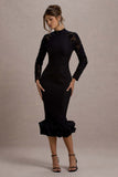 Chandra Black Mesh Long-Sleeve Midi Dress With Ruffle Hem