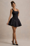 Bramble Black Satin Square-Neck Puffball Mini Dress