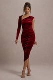 Northern Light Berry Velvet Asymmetric One-Sleeved Midi Dress
